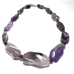 Huge Carved Amethyst Necklace Hand Carved Twist Beads with Sterling Silver Clasp